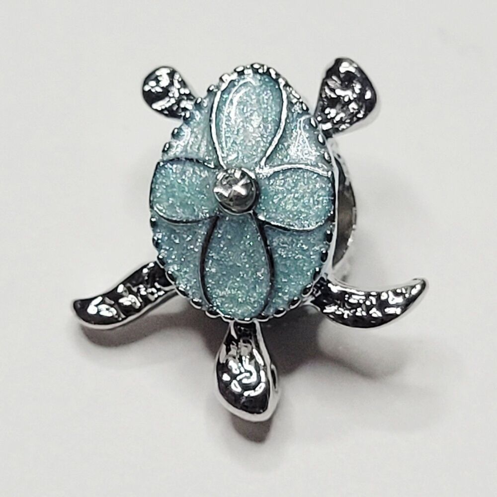 NWT For Pandora Charm Bracelet Gorgeous Pearl Aqua Blue And Silver Turtle Slider - Picture 4 of 5